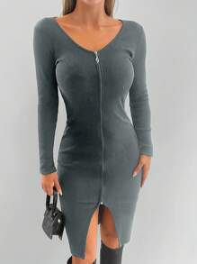 SHEIN Cottnline Casual Minimalist Solid Color Front Zip Fitted Dress - Light Grey - View 5