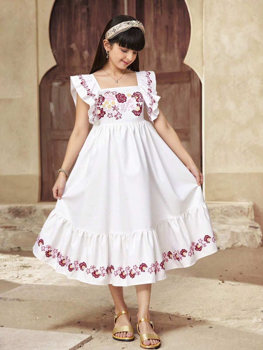 SHEIN Tween Girls Fusion Print Cap Sleeve Square Neck A-Line Midi Casual Dress - White - View 1