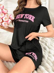 Conjunto de pijama de shorts y blusa de manga corta con estampado de letras para mujeres - Negro - Ver 1