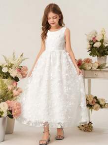 少女优雅奢华可爱圆领白色情人节雪纺覆盖无袖派对礼服适合庆典、婚礼、派对、活动等场合 - 白色 - 查看 3