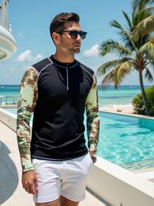 Surfspeed Men's Tie-Dye Print Raglan Sleeve Surfing T-Shirt Man Swim Trunks - Black - View 3