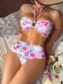 Swim DD+ Women's Floral Print Bandeau Bikini Set With Removable Straps, Vacation Swimwear, For Summer Beach