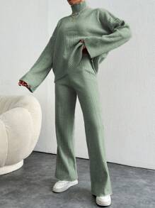 EURMUSE 2pcs Women Knitted Set, Solid Color Top And Long Pants - Mint Green - View 3