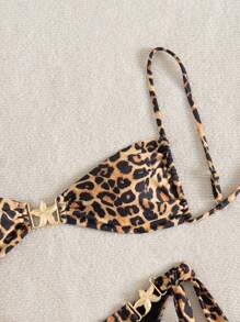 SHEIN Swim Women's Standard Size Leopard Print Golden Decorated Beach Holiday 2Pcs Bikini Set, For Summer Vacation - Multicolor - View 4