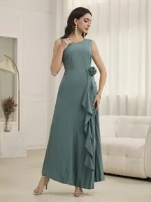 Modelyn 女式长款无袖褶皱花朵优雅连衣裙，春夏 - 薄荷綠 - 查看 6