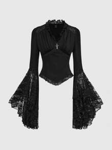 ROMWE Vintage Dark Gothic Ruffled Lace Patchwork Bell Sleeve Women Slim Fit Top - Black - View 1