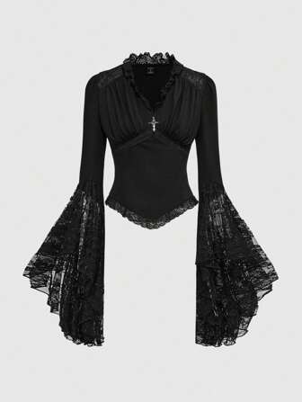 Vintage Dark Gothic Ruffled Lace Patchwork Bell Sleeve Women Slim Fit Top