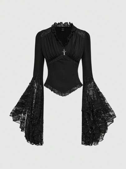 Vintage Dark Gothic Ruffled Lace Patchwork Bell Sleeve Women Slim Fit Top