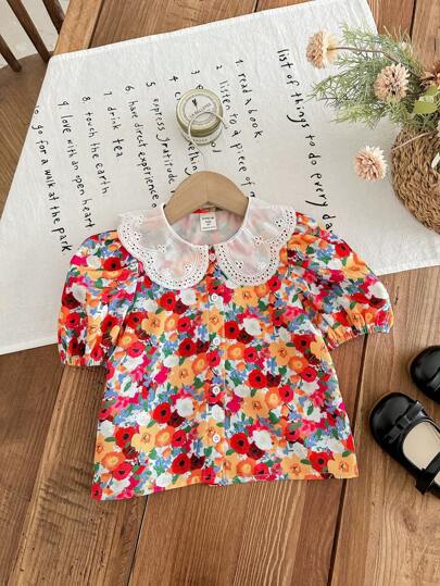 LMoss Kids LMoss 年轻女孩雪纺碎花彼得潘领休闲衬衫