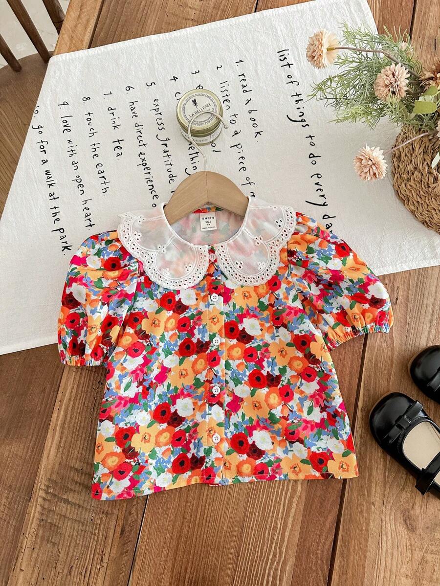 LMoss Kids LMoss 年轻女孩雪纺碎花彼得潘领休闲衬衫