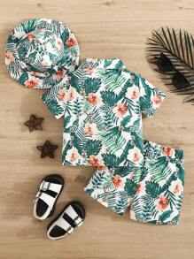 SHEIN Ensemble chemise à manches courtes et short avec imprimé de plantes tropicales pour bébé garçon, avec chapeau imprimé. Tenue d'été décontractée et mignonne - Vert - Voir 2