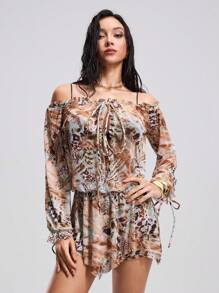 Swim EVENT Women's Fashion V-Neck Flare Sleeve Drawstring Waist Chiffon Cover Up, Suitable For Vacation In Summer - Multicolor - View 5