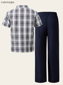SHEIN Casuvi Kids 2 件套青少年男孩格子短袖双面衬衫和直腿休闲夏季长裤 - 彩色 - 查看 5