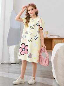 SHEIN Tween Girl Casual Cartoon Floral Print Round Neck Puff Sleeve A-Line Dress