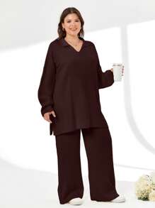 RueChic 2pcs/Set Solid Color Turn-Down Collar Sweater And Long Pants Outfit - Brown - View 7
