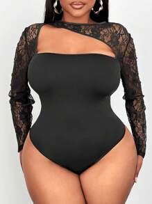 Maweii 性感蕾丝拼布透视镂空大码长袖紧身衣，适合派对和日常穿着 - 黑色 - 查看 1