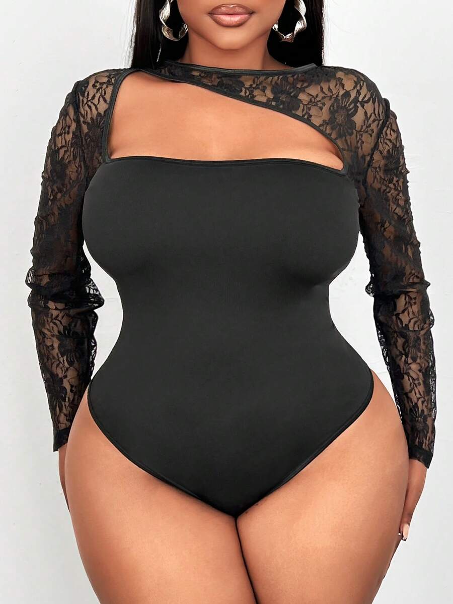 Maweii 性感蕾丝拼布透视镂空大码长袖紧身衣，适合派对和日常穿着 - 黑色 - 查看 1