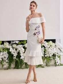 MOTF PREMIUM ELEGANT LACE FLORAL EMBROIDERED RUFFLE HEM OFF SHOULDER DRESS - White - View 8