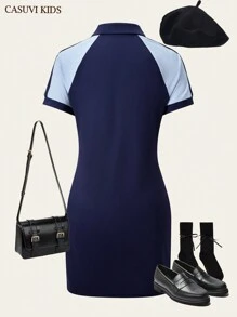 SHEIN 1pc Teen Girls Sporty Polo Collar Patchwork Short Sleeve Casual Mini Dress