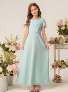 Vestido largo de gasa con mangas con volantes para niña preadolescente dama de honor, para boda, ceremonia, fiesta de cumpleaños