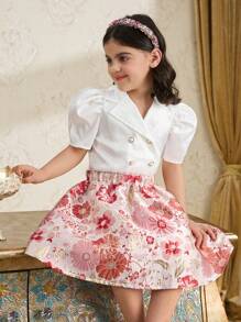 SHEIN Young Girl 2 Pieces Set: Jacquard Puffed Sleeve Top With Stand Collar And A-Line Skirt - Red - View 5