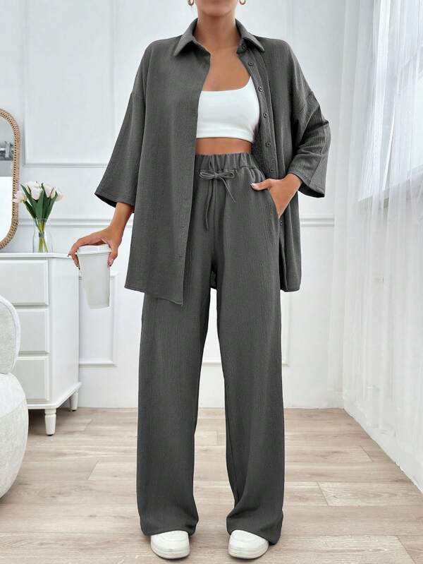 Damen Herbst einfarbiges Set mit Loose Bluse mit Trompetenärmeln und Gürtel-Hose, Lässig 2 Stücke Set