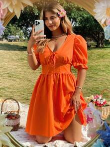 SHEIN Clasi Plus Size Women's Solid Color V-Neck Puff Sleeve Tie Front Dress - Orange - View 4