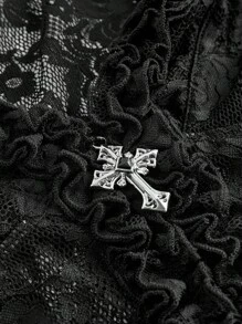 ROMWE Goth Blusa sexy y transparente con mangas acampanadas y volantes de encaje vintage para mujeres