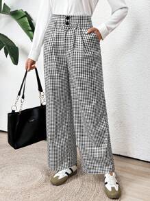 SHEIN Clasi Calça estilo Boho Xadrez Preto e Branco, Para Festival de Música e Country, Feminina - Preto - Visão 6