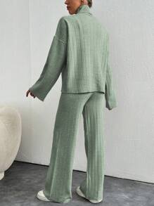 EURMUSE 2pcs Women Knitted Set, Solid Color Top And Long Pants - Mint Green - View 2