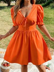 SHEIN Clasi Plus Size Women's Solid Color V-Neck Puff Sleeve Tie Front Dress - Orange - View 3