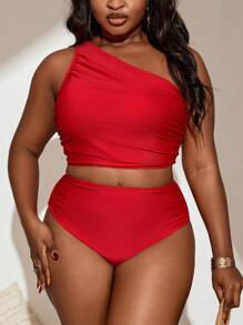 Slaydiva Plus Size Women Solid Color Asymmetrical Neck Fashion Tankini Swimwear, For Summer Beach Vacation - Red - View 1