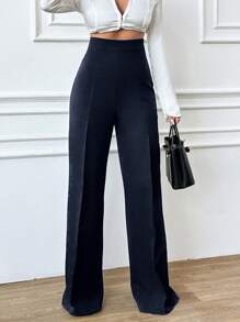 EURMUSE Women Solid Color High Waist Toothpick Stripe Design Straight Leg Elegant Office Pants - Navy Blue - View 3
