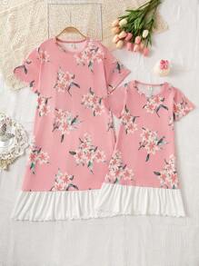 Girls Polka Dot Cat Print English Letter Pattern Ruffle Trim Casual Elegant Long Nightgown Home Dress, Comfortable & Fashion - Multicolor - View 1