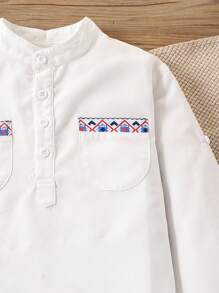 SHEIN Young Boy Geometric Print Long Sleeve Shirt And Striped Shorts Set - White - View 7