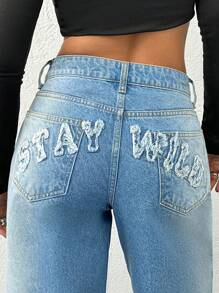 EURMUSE Jeans amples et décontractés avec poches effilochées et lettres pour femmes - Jean clair - Voir 4