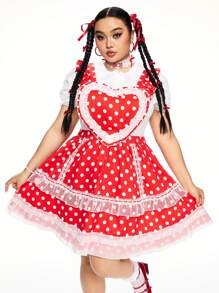 ROMWE Kawaii Sukienka typu babydoll w stylu wiejskim w dużych rozmiarach z nadrukiem w kropki i serca