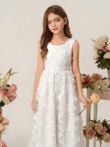 少女优雅奢华可爱圆领白色情人节雪纺覆盖无袖派对礼服适合庆典、婚礼、派对、活动等场合 - 白色 - 查看 7