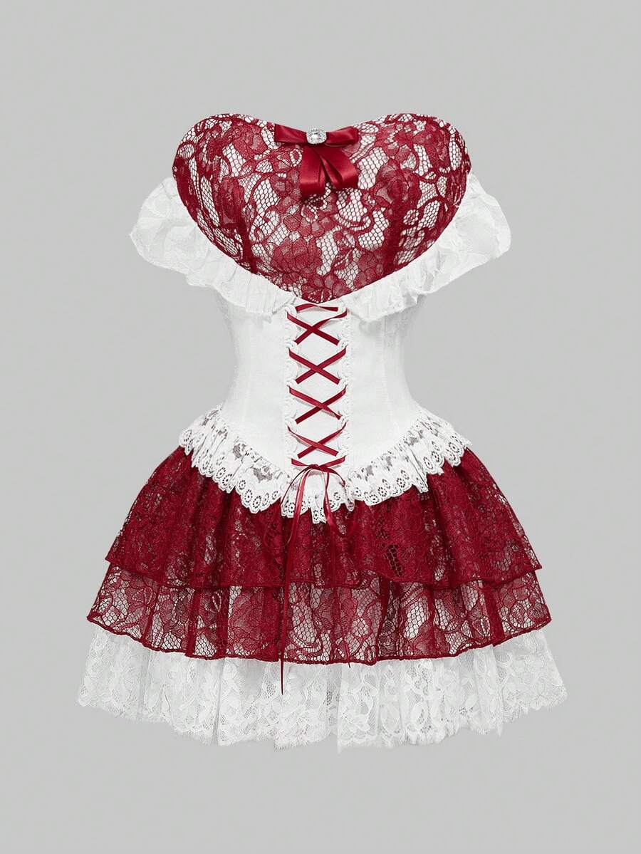 ROMWE Kawaii Vestido mini de mujer con patchwork de encaje estilo ...