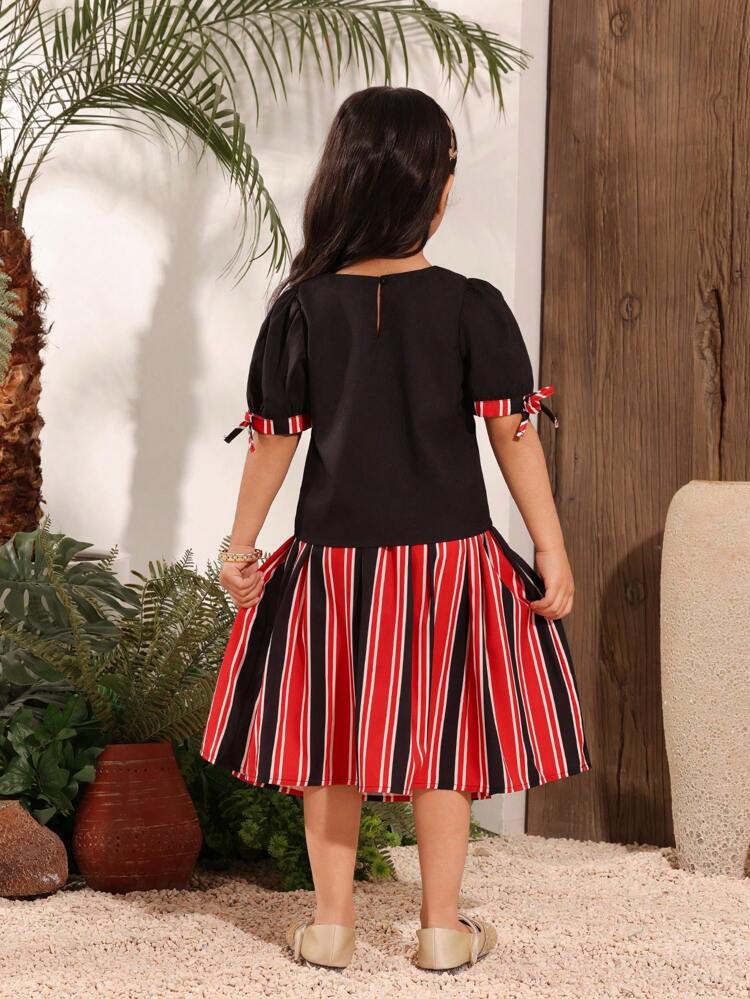2pcs/Set Young Girl Striped Print Contrast Color Top & Skirt