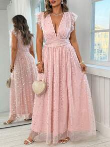 Roveilla Plus Size Elegant Mesh V-Neck Pleated Dress - Dusty Pink - View 3