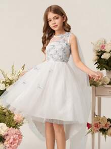 Vestido blanco de tul de longitud hasta la rodilla con encaje y mariposa elegante para niñas preadolescentes, adecuado para niña de las flores, San Valentín, baile de graduación, fiesta, ocasiones formales, actuaciones de cumpleaños - Blanco - Ver 3
