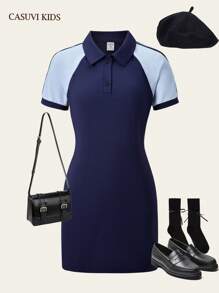 SHEIN 1pc Teen Girls Sporty Polo Collar Patchwork Short Sleeve Casual Mini Dress