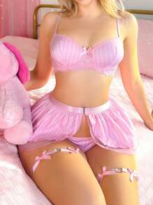 SHEIN 5 件套女士蝴蝶结装饰条纹内衣套装 - 粉色 - 查看 6