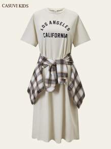 SHEIN 1 件休闲宽松圆领短袖连衣裙，简约百搭设计，适合少女，夏季新品