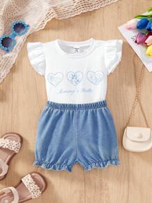 SHEIN Babygirl Summer Cute White Heart Flower Print T-Shirt & Denim Shorts Set,Fashionable Cap Sleeve Top,Family Matching Casual Little Princess Outfit - White - View 8
