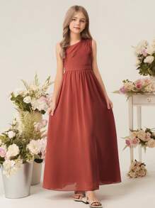 Tween Girl A-Line Floral One Shoulder Cutout Maxi Chiffon Dress, Flower Girl, Wedding, Birthday Party, Performance Autumn Fall - Redwood - View 7