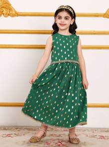 SHEIN 2 件套简约黑色斋月派对套装，适合年轻女士，带金箔印花 - 綠色 - 查看 4