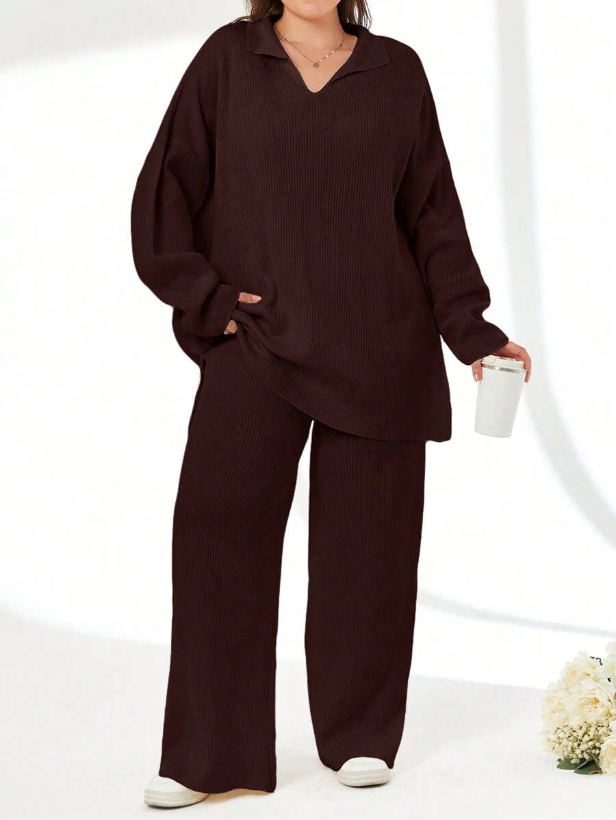 RueChic 2pcs/Set Solid Color Turn-Down Collar Sweater And Long Pants Outfit - Brown - View 1