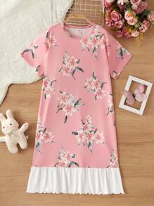 Girls Polka Dot Cat Print English Letter Pattern Ruffle Trim Casual Elegant Long Nightgown Home Dress, Comfortable & Fashion - Multicolor - View 3